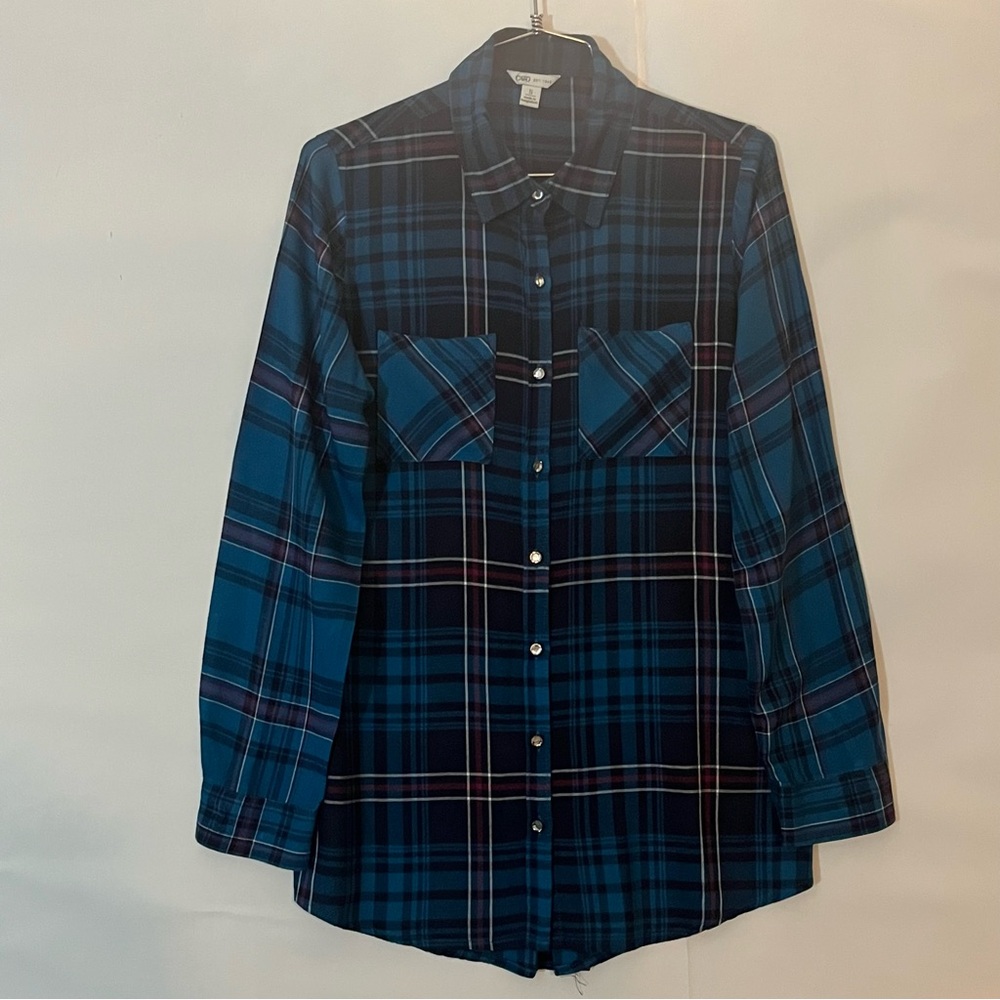 Women's Cato Plaid Blue and Black Long Sleeve Button Down Shirt Size S